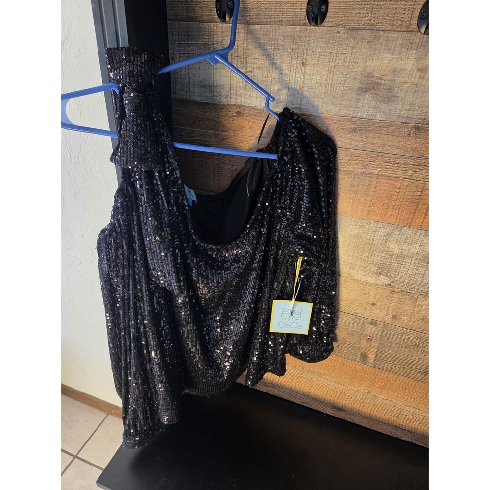 CeCe Black Sequin One Shoulder Scoop Neck Bow Long Sleeve Blouse Plus 3X